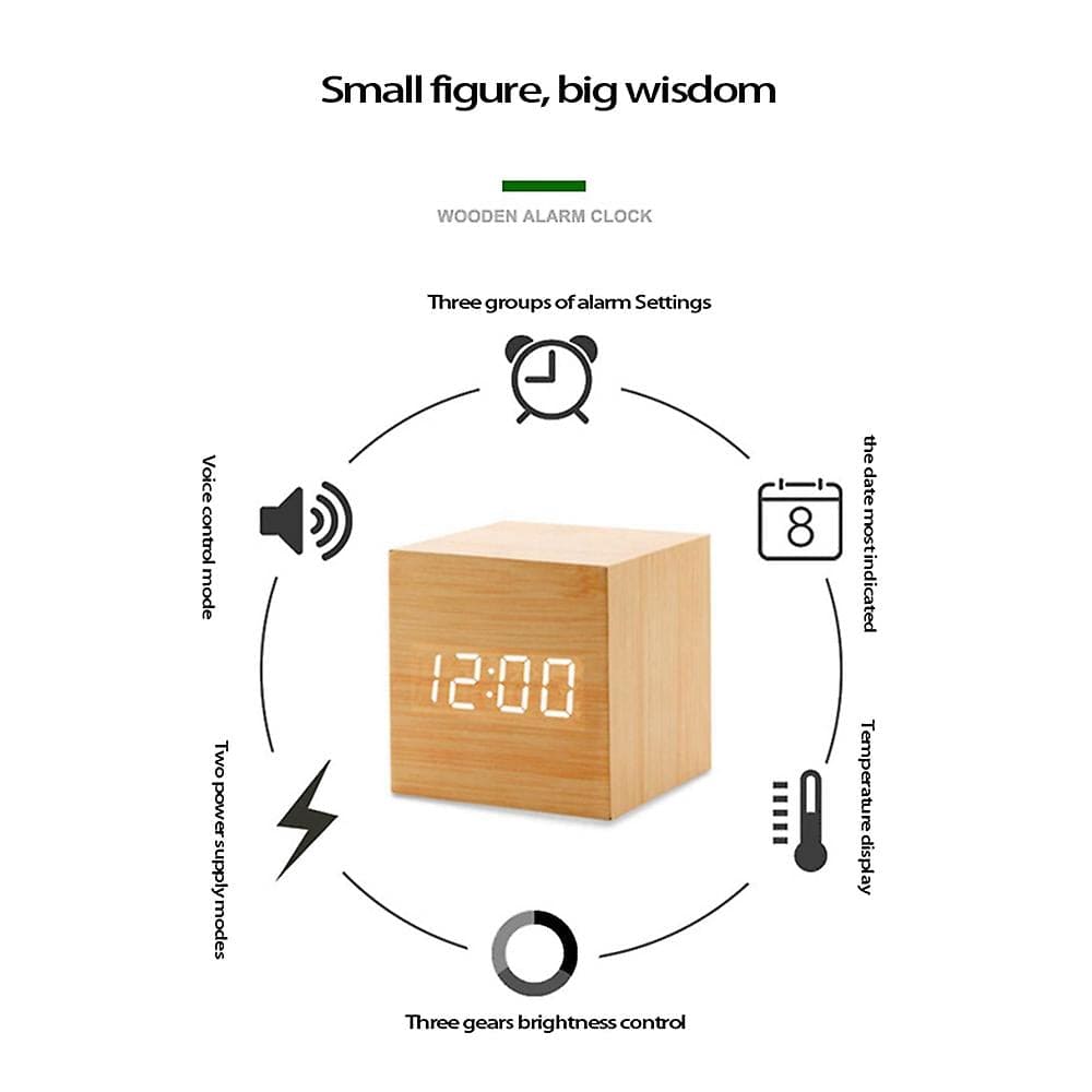 Wooden Led Smart Alarm Clock, Cube Digital Alarm Clock